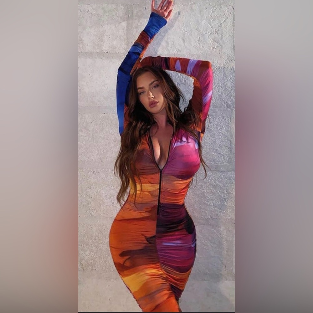 Fashion Nova “mindful color” Multicolor Ruched Zip Midi Dress